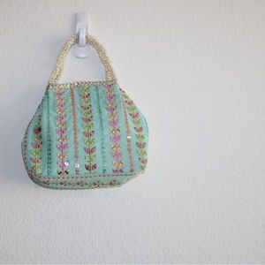 Sea blue base multi color mirror with pearl handle small hand bag